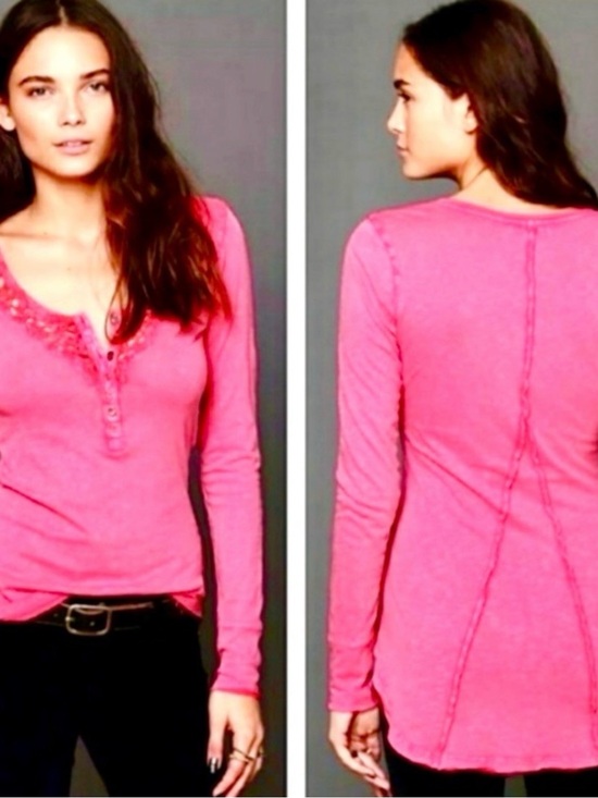 Free People Tops - Free People Long-Sleeve Button Henley in Bright Pink